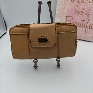 Fossil Light Brown Leather Zip Around Wallet with Snap Pocket